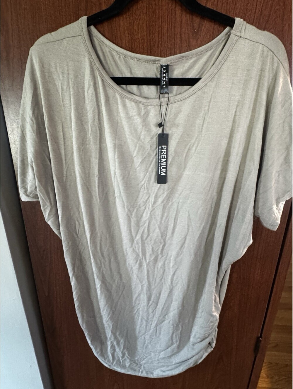 Johnny Washed Taupe Modal Tee Shirt Ruched Sides Short Sleeve NWT Women’s Large